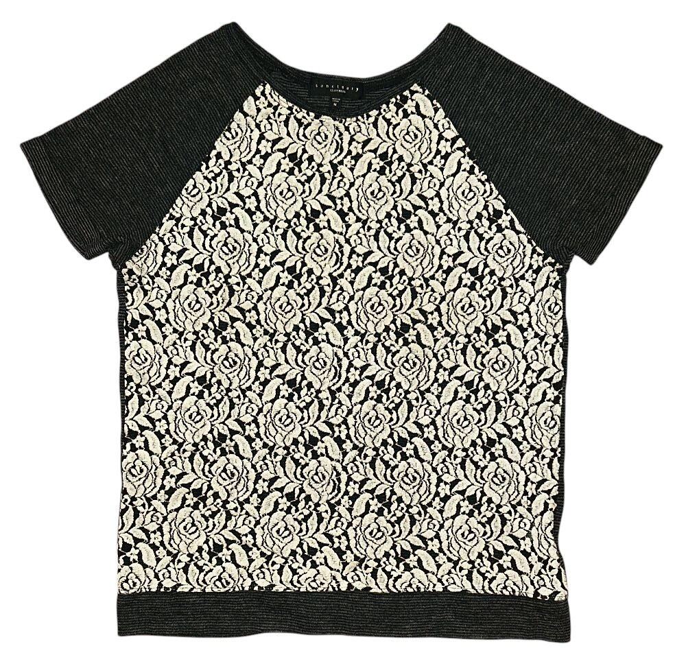 Sanctuary Semi-Sheer Lace Front Rose Design Gray & Cream Top Medium